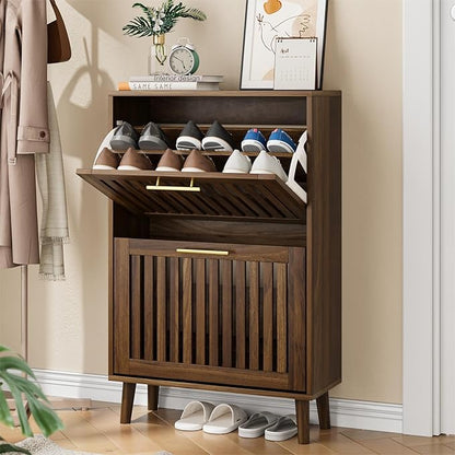 Walnut Shoe Cabinet for Entryway,Narrow Shoe Storage Cabinet with 2 Flip Drawer and Solid Wood Leg,Freestanding Slim Shoe Organizer for Entryway, Hallway