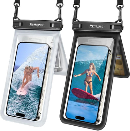 Waterproof Phone Pouch, [Up to 8.5''] Double Space Waterproof Phone Case with Lanyard for iPhone 17 16 15 Pro Max Galaxy S25 Ultra, Cellphone Dry Bag for Beach Vacation, 2 Pack (Black & Clear)