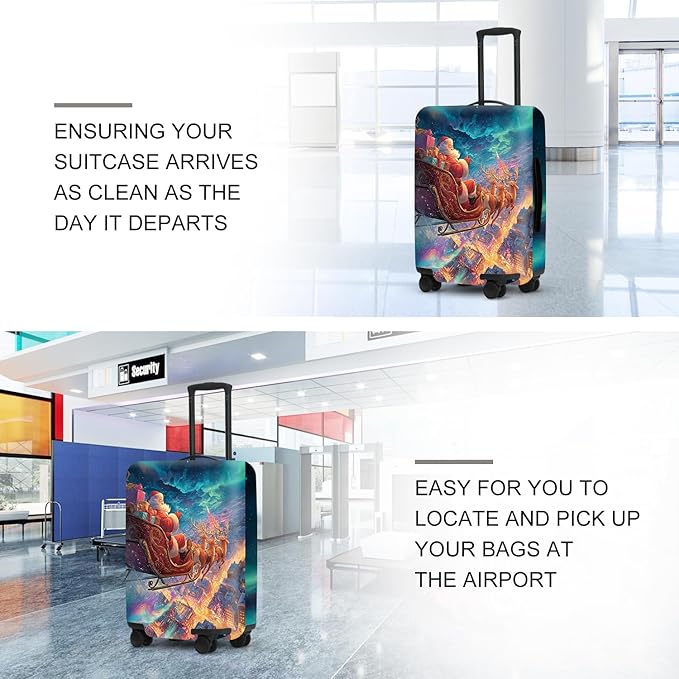 Northern Lights Christmas Luggage Cover - Santa's Sleigh Flying Over City Under Aurora, Magical Stretchable Suitcase Protector 24 26 Inch