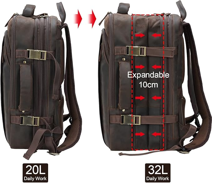 Masa Kawa Leather 15.6 Inch Laptop Backpack for Men Expandable 36L Business Travel Rucksack Daypack Weekender Bag