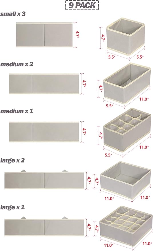 9 Pack Foldable Drawer Organizer Dividers Cloth Storage Box Closet Dresser Organizer Cube Fabric Containers Basket Bins for Underwear Bras Socks Panties Lingeries Nursery Baby Clothes Gray