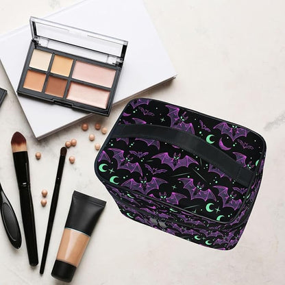 MNSRUU Makeup Bags, Neon Purple and Bats Stars and Moons Makeup Organizer Bags Toiletry Bag Box Travel Cosmetic Bag Make Up Train Case for Women Teen Girl Ladies