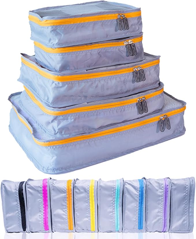 MUMI Packing Cubes - 5 Compression Packing Cubes for Travel, Luggage Organizer Bags for Suitcases, Carry-On, Duffle or Backpack – Mesh, Waterproof Bags for Clothes, Kids & Travel Accessories - Orange