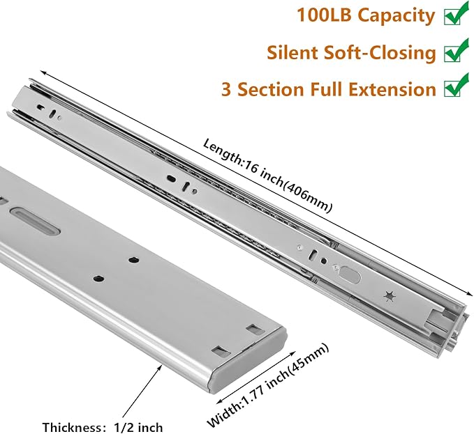 LONTAN Soft Close Drawer Slides 16 Inch 10 Pairs - SL4502S3-16 Full Extension Ball Bearing 16" Cabinet Drawer Rails Heavy Duty Dresser Glides 100lb Capacity