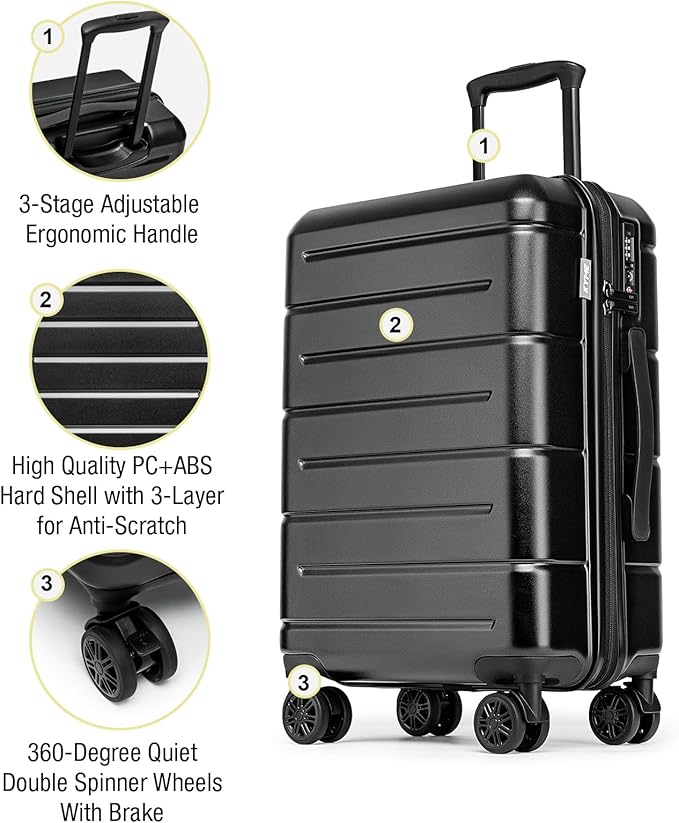 KYME Carry On Luggage 22x14x9 Airline Approved Hardshell Carry On Suitcase with TSA Lock Hardside Suitcases with Wheels Travel Rolling 22 Inch Luggage with Cup Holder for Men Women Black
