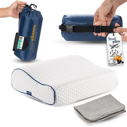 alkamto Travel & Camping Comfortable Memory Foam Pillow – Easy to Carry Portable Bag – Temperature Regulating Pillow Case (White Contour + Extra Cover)