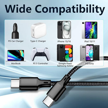 cugunu USB C to USB C Charger Cable, 3Pack 60W 6.6FT Type C Fast Charging Cord Compatible for iPhone 15/16/17/Pro/Max/Plus, iPad, MacBook-Black