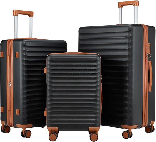 Travel Suitcase Sets 3 Piece, Expandable Hardshell Luggage Sets 3pcs with TSA Lock Spinner Wheels, Black-Brown (20''/24''/28")