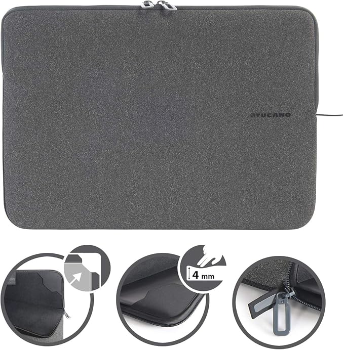 TUCANO Melange Neoprene Sleeve Comp. with MacBook Pro 16” / Laptop up to 15.6”, 4mm Thick, Anti-Slip, Anti-Scratch Grey Black