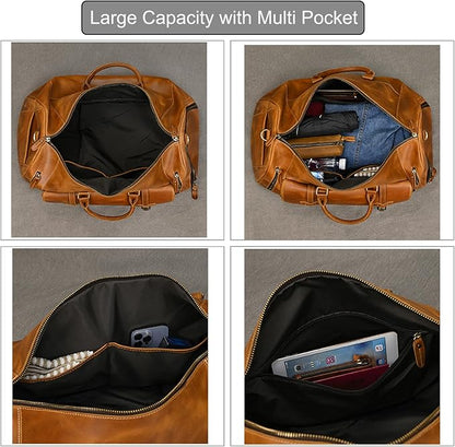 Full-grain Genuine Leather Travel Bag Large Capacity Duffel Luggage Bag with Shoe Compartment, Men Women Shoulder Bag for Weekend Holiday Business Trip, Light Brown