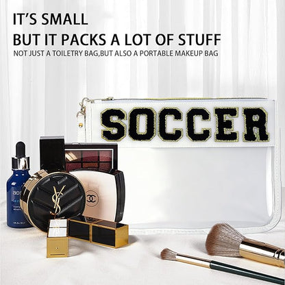 2 Pcs Football Gifts Makeup Bag with Chenille Letter Patch,with Handles football PVC Waterproof Clear Makeup Bag,Portable Toiletry Storage Bag,Players & Fans Birthday, Team or Sports Lover Presents