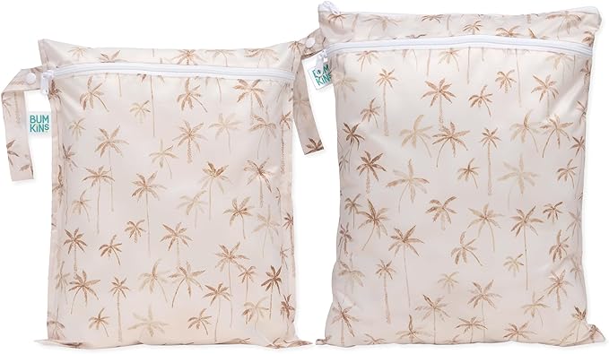Bumkins - Waterproof Wet and Wetdry Bags - For Beach, Baby, Travel, Swim Suit, Cloth Diapers, Pump Parts, Pool, Gym, Toiletries - Reusable & Easy to Clean - Palm Trees - 2 Pack