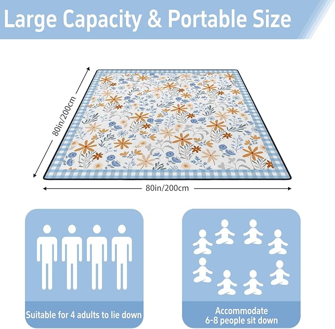 Extra Large Picnic Outdoor Blanket 80''x80'' Blue Plaid Flowers Waterproof and Sandproof Picnic Mat for Beach Foldable Camping Accessories for Grass Lawn Park