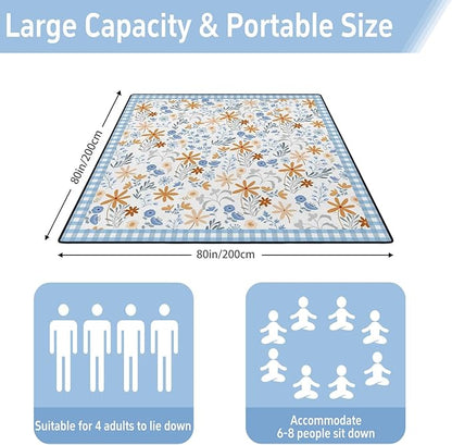 Extra Large Picnic Outdoor Blanket 80''x80'' Blue Plaid Flowers Waterproof and Sandproof Picnic Mat for Beach Foldable Camping Accessories for Grass Lawn Park