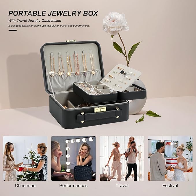 Portable Jewelry Box, Large Travel Jewelry Case Organizer (Black)