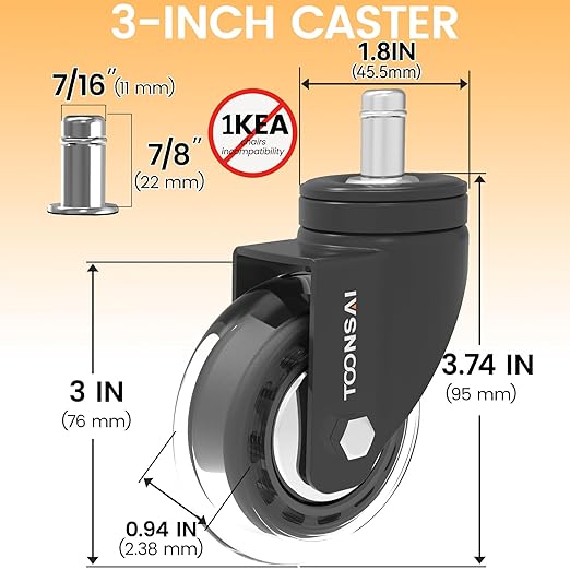 Upgraded,3 Inch Office Desk Chair Wheels Replacement, Computer Gaming Caster for Carpet, Stem 7/16-7/8 Set of 5 for Furniture Hardwood Hard Floors Chair Castors Tile Smooth Safe Quiet Rolling,-1100 LB