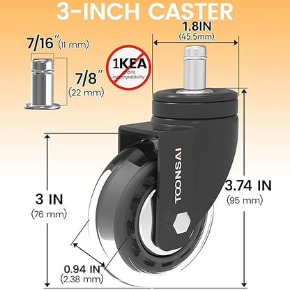 Upgraded,3 Inch Office Desk Chair Wheels Replacement, Computer Gaming Caster for Carpet, Stem 7/16-7/8 Set of 5 for Furniture Hardwood Hard Floors Chair Castors Tile Smooth Safe Quiet Rolling,-1100 LB