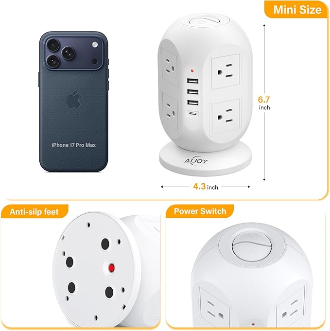 AiJoy Surge Protector Power Strip Tower with 8 Outlets 4 USB Ports(1 USB-C), 10 FT Flat Extension Cord with Multiple Outlets, Charging Tower with Surge Protection for Home Office Dorm Room Essentials