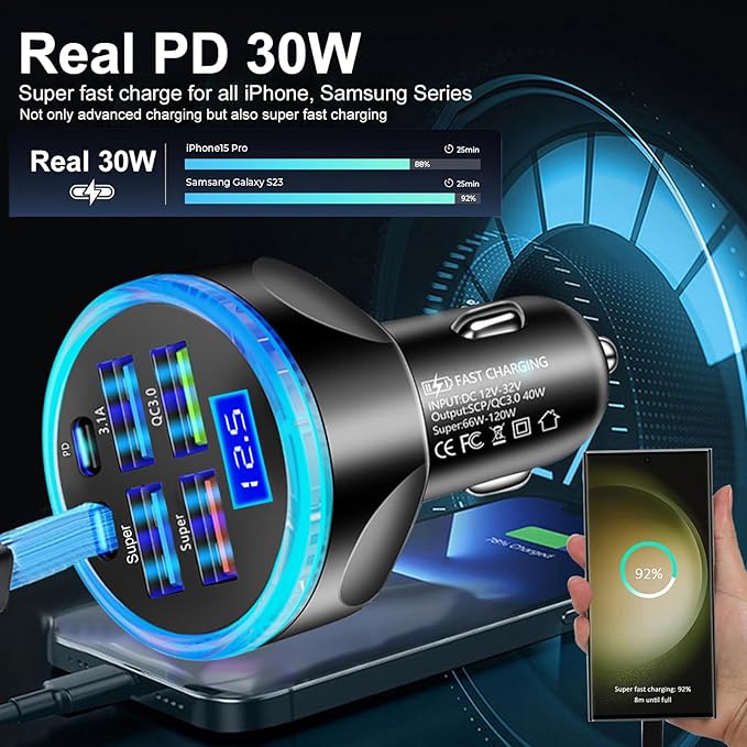 Full PD 30W Multi Port USB C Car Charger Adapter 6 in 1 with Voltage Display, PD4.0/QC4.0/PPS/AFC Super Fast Charging Cigarette Lighter Adapter with Volt Meter for MacBook iPhone Galaxy Android Phones