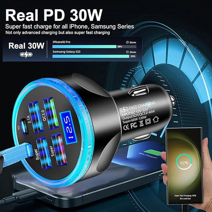 Full PD 30W Multi Port USB C Car Charger Adapter 6 in 1 with Voltage Display, PD4.0/QC4.0/PPS/AFC Super Fast Charging Cigarette Lighter Adapter with Volt Meter for MacBook iPhone Galaxy Android Phones