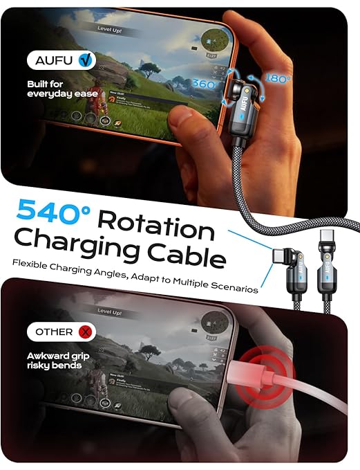 AUFU PD 60W USB C to USB C Cable 6.6ft(1Pack), Double 180° +360°Rotation/C to C Fast Charging/Type C to Type C Cable/6ft USB C Cable for 1Phone 17/16/15/Ma-Book/1Pad Series, Samsung Galaxy Series