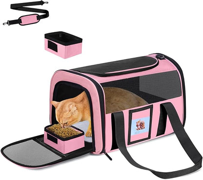 Cat Carrier Soft for Pets Up to 25 Lbs, Cat Travel Bag with Padded Shoulder Strap and Detachable Cat Food Bowl, Pet Dog Carriers for Small Dogs Travel Puppy Carry Airline Approved, Pink