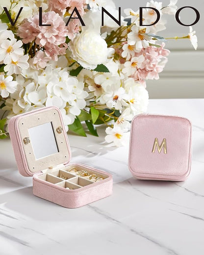 Vlando First Mothers day Gifts for New Mom, M Initial Travel Jewelry Case, Small Jewelry Travel Case, Personalized Travel Mini Jewelry Case, Birthday Gifts for Women Mom Grandma - Letter M, Pink