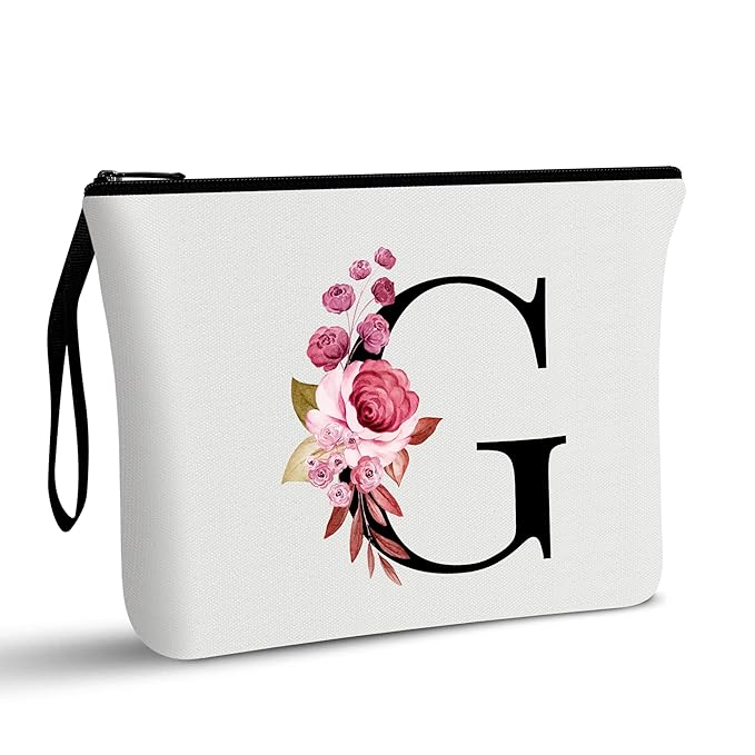 Vavabox A-Z Personalized Makeup Bag, Birthday Gifts for Women Mom, Gifts for Best Friend, Bride Bridesmaid Cosmetic bag (G, White)