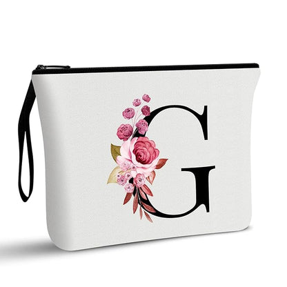 Vavabox A-Z Personalized Makeup Bag, Birthday Gifts for Women Mom, Gifts for Best Friend, Bride Bridesmaid Cosmetic bag (G, White)