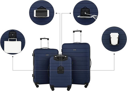 Wrangler Smart Luggage Set with Cup Holder and USB Port, Navy Blue, 3 Piece
