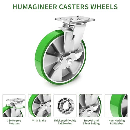 8 Inch Heavy Duty Industrial Grade Caster Set of 4, Industrial Swivel Casters with Brake, Maintenance-Free Aluminum Core PU Wheels 6000 LBS, Durable Casters Wheels for Industrial, Equipment