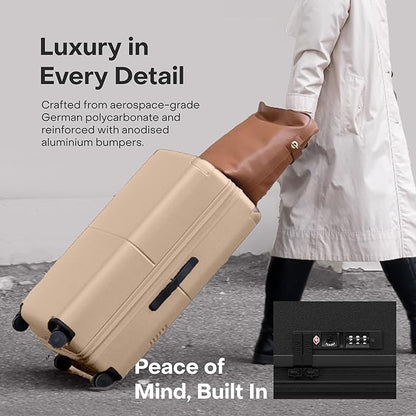 Checked Plus Expandable - 28.75" Airline Approved Check In Luggage with Wheels, Rolling Suitcase for Men & Women - TSA Lock, Silent Spinner Wheels, Expansion Zip, Y-Strap - Sand