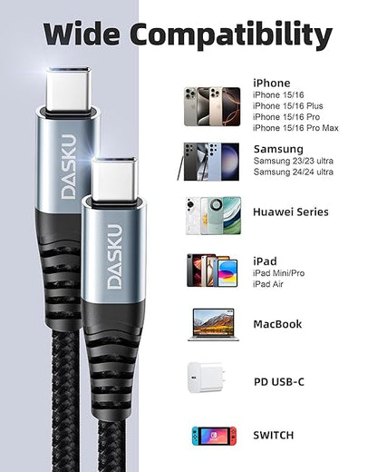 Extra Long USB C to USB C Cable 100W [15ft/2 Pack] Charger Cable Fast Charging Compatible with iPhone 17/17 Pro Max, iPhone 16 Series, iPhone 15 Series, Galaxy S24/S23/S22, Car Play, MacBook, iPad