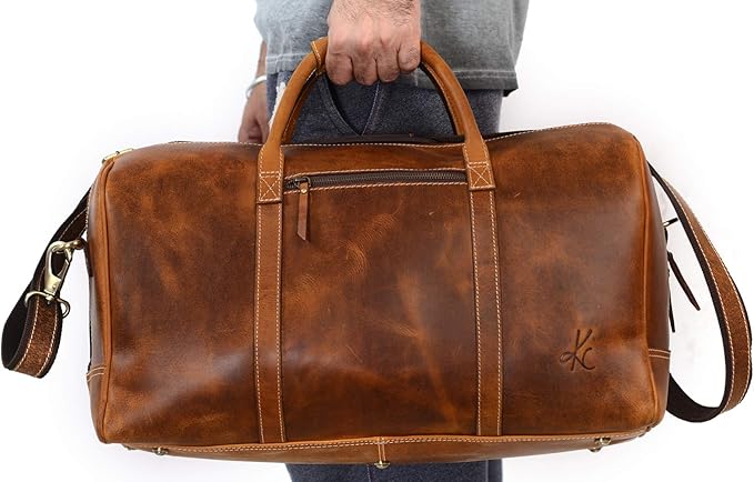 KomalC Leather Duffle Bags for Men and Women Travel Overnight Weekend sports bag holdall Gym Duffel for Men