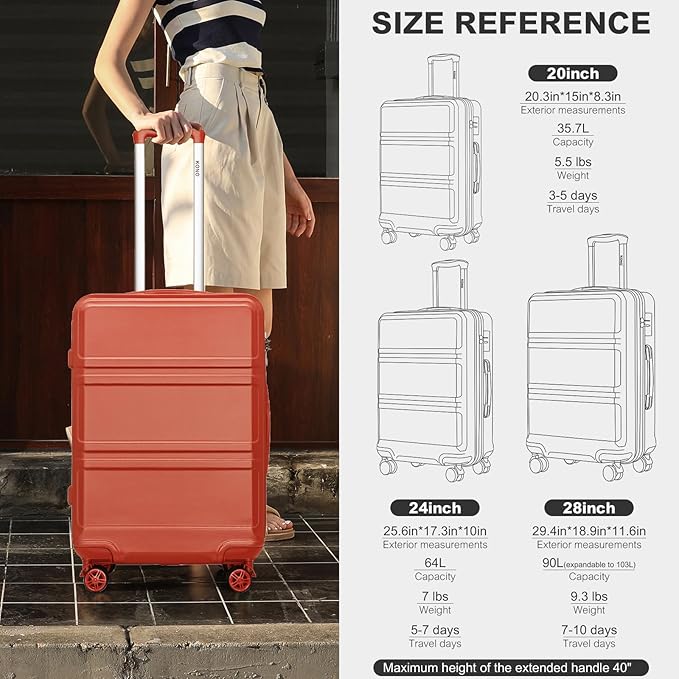 Kono 20'' Carry on Luggage with Spinner Wheel TSA Lock, Lightweight PC+ABS Hardside Luggage Durable Small Carry on Suitcase Coral Pink