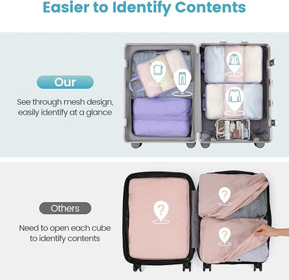 Cambond Mesh Compression Packing Cubes - 6 Set See Through Clear Packing Cubes with Shoe Toiletry Bag for Suitcase, Expandable Travel Cubes for Packing Organizers Travel Accessories, Purple
