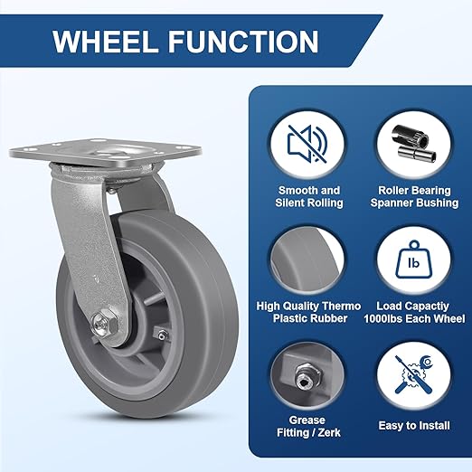 6 Inch Rubber Wheels (Flat Tread)- Heavy Duty Casters, Industrial Caster Wheels- with up to 1000 LB Capacity- Use for Dollies, Utility and Maintenance Carts(2 Swivel)