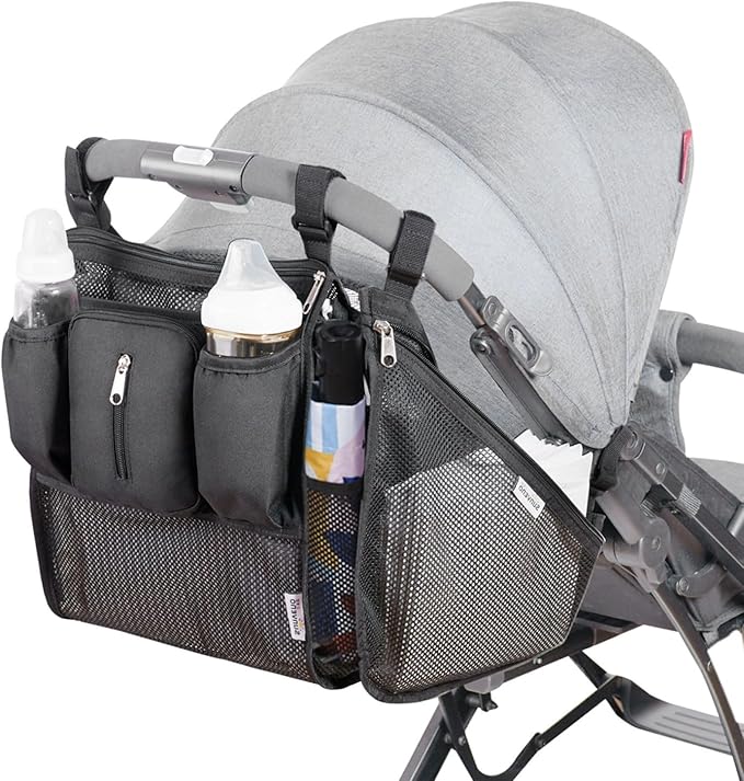 SUNVENO 2-pack Universal Stroller Organizer Caddy with Cup Holders, Wipes Pouch and Extra Storage, Zippered Mesh Side Sling for Pushchair, Black