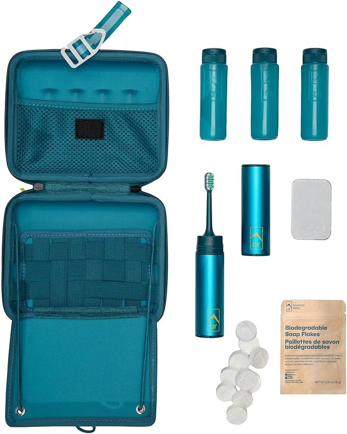 Adventure Ready Adventure Hanging Toiletry Kit - Camping Toiletry Bag with Soap Flakes, Compressed Towelettes, Toothbrush, Mirror & More