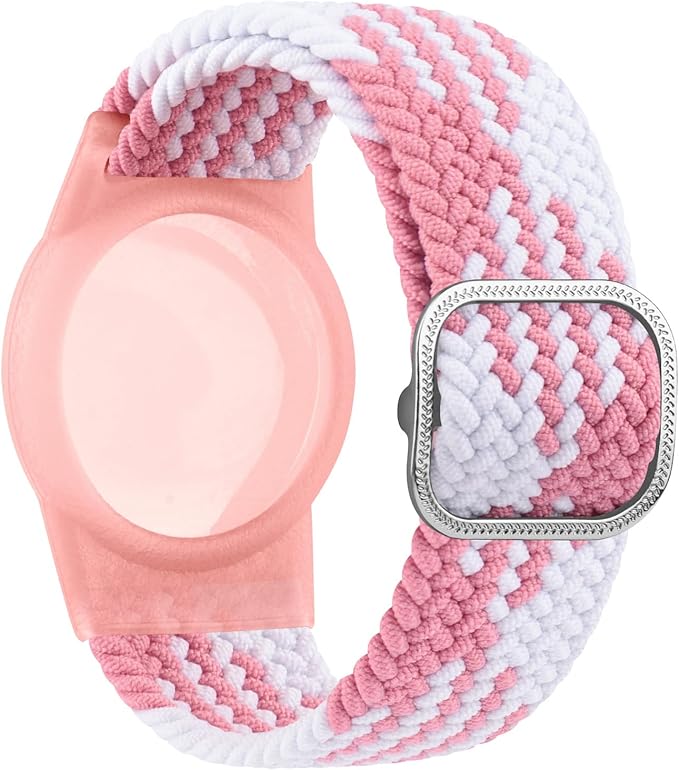 Vanjua Wristband for Apple AirTag, Protective Case Compatible with Air Tag GPS Tracker Holder with Braided Bracelet, Adjustable Anti Lost Watch Band for Toddler Child Elder (Pink+Colorful Pink)