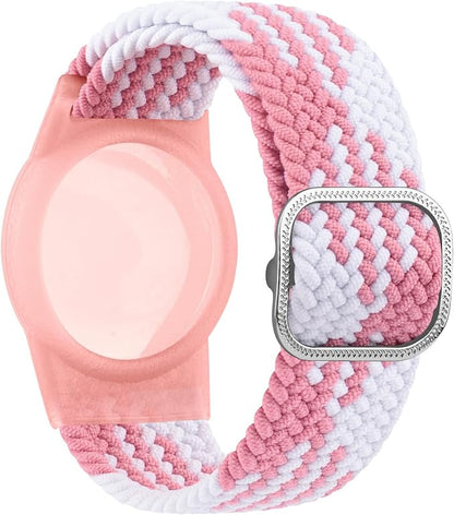 Vanjua Wristband for Apple AirTag, Protective Case Compatible with Air Tag GPS Tracker Holder with Braided Bracelet, Adjustable Anti Lost Watch Band for Toddler Child Elder (Pink+Colorful Pink)
