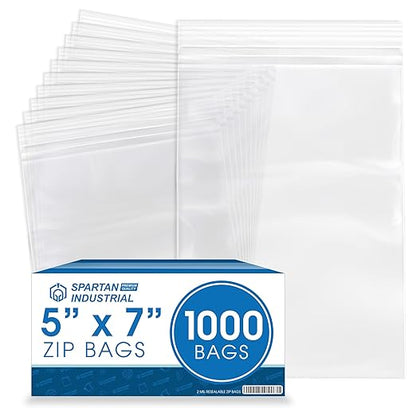 Spartan Industrial - 5” X 7” (1000 Count) 2 Mil Clear Reclosable Zip Plastic Poly Bags with Resealable Lock Seal Zipper