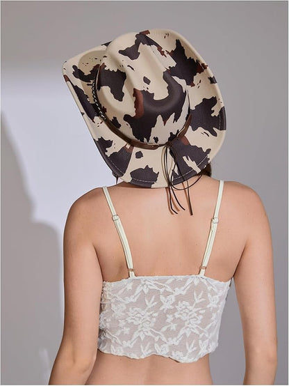 WDIRARA Women's Cowboy Hat Cow Print Western Cowgirl Hats Travel Vacation