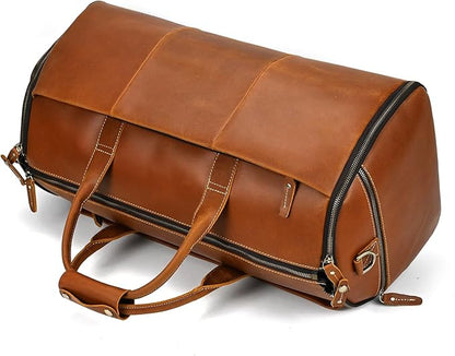 Full-grain Leather Garment Bag Large Capacity Travel Bag Business Suit Carrier Bag with Shoe Compartment, Overnight Gym Sports Duffel Bags for Men Women, Light Brown