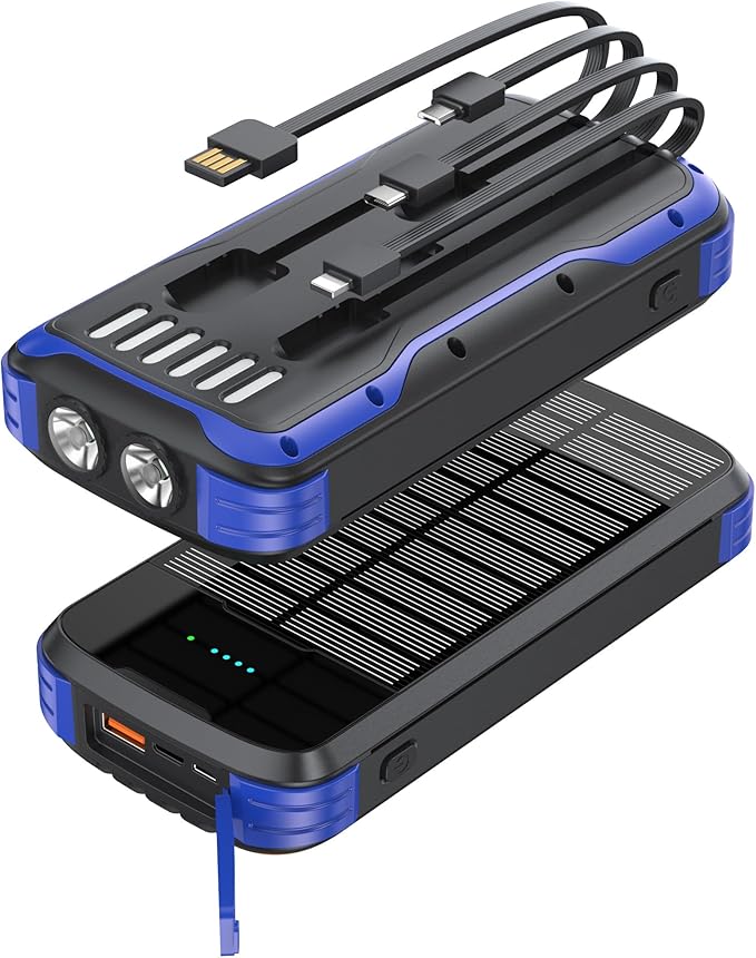 Solar Charger Power Bank, 40000mAh Portable Charger PD 20W Fast Charging Solar Power Bank Built in 4 Cables and USB-C in/Output, Camping Essentials External Battery Pack with Flashlights