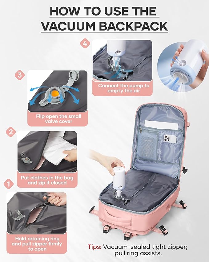 wepadre Vacuum Travel Backpack with Pump Travel Backpack with Vacuum System Easy Vac Pack Backpacks Vacpack Compression Backpacks Mochila de Viaje Compresion al Vacio Pink