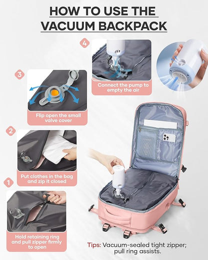 wepadre Vacuum Travel Backpack with Pump Travel Backpack with Vacuum System Easy Vac Pack Backpacks Vacpack Compression Backpacks Mochila de Viaje Compresion al Vacio Pink
