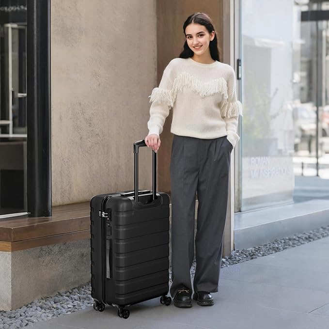 AnyZip Suitcase Hardside PC ABS Lightweight USB Luggage with Wheels TSA Lock Checked-Medium 24 Inch Black