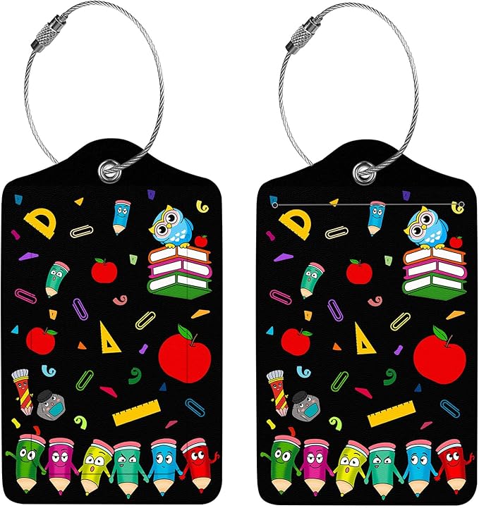 2 Pcs Luggage Tags for Suitcase, Cute Unique PU Leather Travel Bag Tag with Privacy Cover ID Label Address Card and Durable Metal Ring Suitable for Men Women Children Backpack,Dancing Pencils