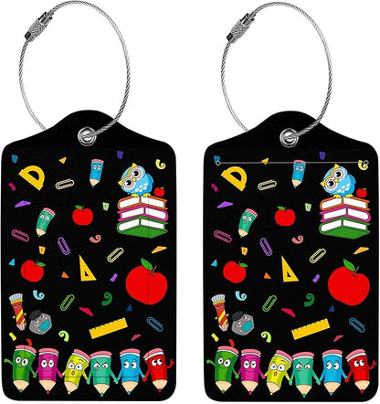 2 Pcs Luggage Tags for Suitcase, Cute Unique PU Leather Travel Bag Tag with Privacy Cover ID Label Address Card and Durable Metal Ring Suitable for Men Women Children Backpack,Dancing Pencils